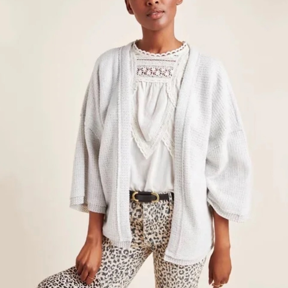 Anthropologie Maeve Gray Lia Hacci Kimono Cardigan Waffle Knit Sweater